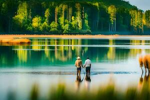två människor är stående i de vatten nära en skog. ai-genererad foto