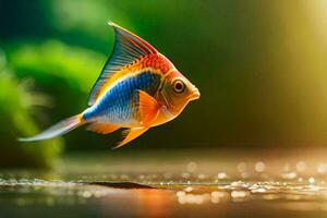 en fisk med en ljus blå och orange kropp är flygande över vatten. ai-genererad foto