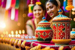 två kvinnor i traditionell indisk Kläder är Sammanträde Nästa till färgrik dekorationer. ai-genererad foto
