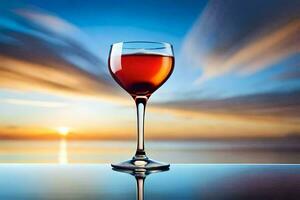 en glas av vin på en tabell med en solnedgång i de bakgrund. ai-genererad foto