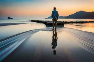 en man stående på de strand på solnedgång. ai-genererad foto