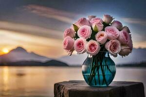 rosa ro i en vas på en tabell nära de vatten. ai-genererad foto
