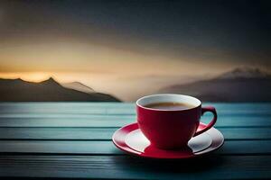en kopp av kaffe på en trä- tabell med bergen i de bakgrund. ai-genererad foto