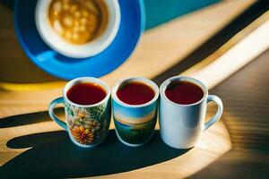tre koppar av kaffe och en kopp av te. ai-genererad foto