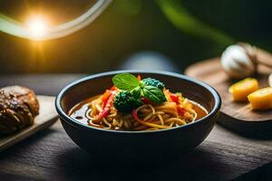 en skål av spaghetti och grönsaker på en trä- tabell. ai-genererad foto