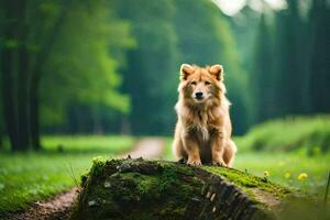 en hund Sammanträde på en logga i de mitten av en skog. ai-genererad foto