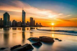 de Sol uppsättningar över de stad horisont i dubai. ai-genererad foto