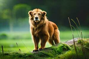 en gyllene hund stående på en sten i de gräs. ai-genererad foto