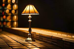 en lampa Sammanträde på en tabell i främre av en vägg. ai-genererad foto