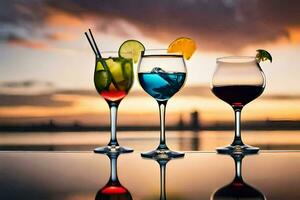 tre glasögon av alkohol med en solnedgång i de bakgrund. ai-genererad foto