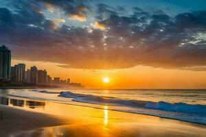 de Sol uppsättningar över en strand och stad horisont. ai-genererad foto