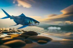 en fisk är simning i de vatten med rocks. ai-genererad foto