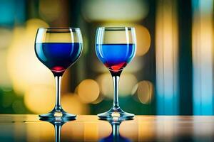 två vin glasögon med blå och röd flytande. ai-genererad foto