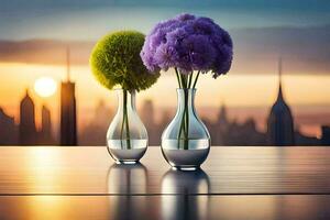 två vaser med lila blommor på en tabell i främre av en stad horisont. ai-genererad foto