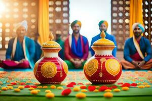 en grupp av män i traditionell indisk Kläder sitta på de jord med färgrik vaser. ai-genererad foto