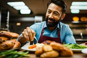 en man med en skägg är leende medan äter en måltid. ai-genererad foto