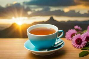 en kopp av te på en tabell med blommor. ai-genererad foto