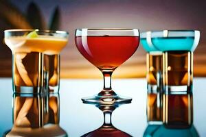 tre annorlunda färgad drycker i glasögon på en tabell. ai-genererad foto