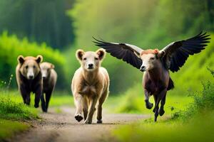 tre brun björnar löpning på en smuts väg. ai-genererad foto