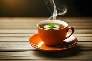 en kopp av kaffe med en blad. ai-genererad foto