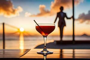 en cocktail på en tabell med en silhuett av en man stående i de bakgrund. ai-genererad foto