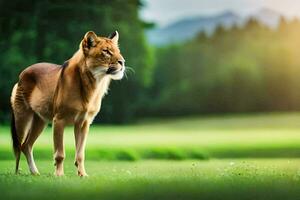 en lejon stående i de gräs med träd i de bakgrund. ai-genererad foto