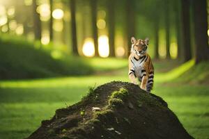 en tiger stående på topp av en mound i de skog. ai-genererad foto