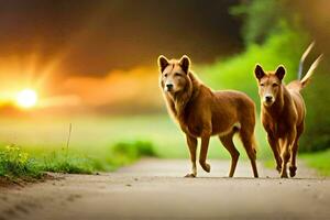 två hundar gående ner en väg på solnedgång. ai-genererad foto
