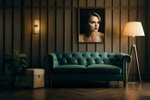 en grön soffa i en rum med en målning på de vägg. ai-genererad foto