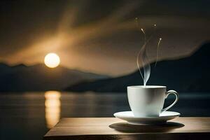 en kopp av kaffe på en tabell med en se av de sjö. ai-genererad foto