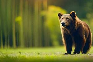 en brun Björn är gående i de gräs. ai-genererad foto