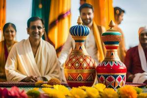 en bröllop ceremoni med färgrik vaser. ai-genererad foto