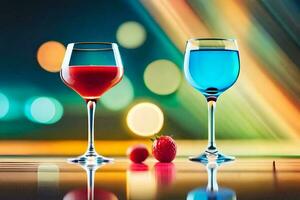 två glasögon av vin och jordgubbar på en tabell. ai-genererad foto