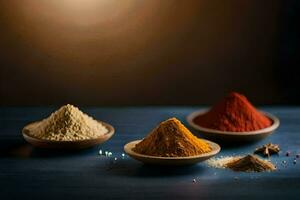 tre annorlunda typer av kryddor i skålar. ai-genererad foto