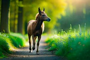 en häst gående ner en väg i de skogen. ai-genererad foto