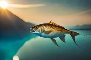 en fisk är flygande över de vatten på solnedgång. ai-genererad foto