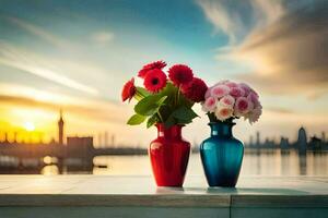 två vaser med blommor Sammanträde på en tabell med en se av de stad. ai-genererad foto
