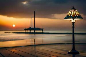 en lampa posta på de strand på solnedgång. ai-genererad foto