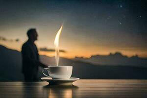 en man är Sammanträde i en kaffe kopp med en brand brinnande i de bakgrund. ai-genererad foto