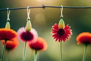 blommor hängande från en tråd med Sol lysande genom. ai-genererad foto