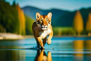 en tiger gående tvärs över de vatten. ai-genererad foto