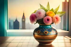 en vas med blommor på en tabell i främre av en stadsbild. ai-genererad foto