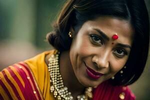 en kvinna i en sari leende för de kamera. ai-genererad foto