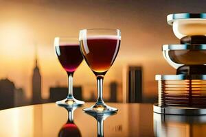 två glasögon av vin på en tabell med en stad i de bakgrund. ai-genererad foto