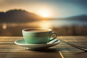 en kopp av kaffe på en trä- tabell med en se av de berg. ai-genererad foto