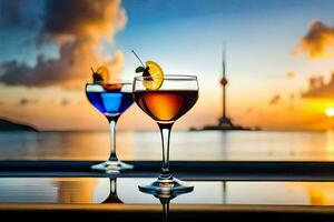 två glasögon av cocktails på en tabell med en solnedgång i de bakgrund. ai-genererad foto