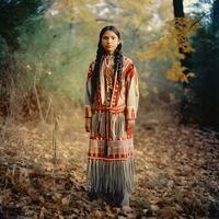 ai-genererad porträtt av norr amerikan inföding kvinna i traditionell klädsel foto
