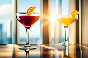 två glasögon av cocktails med orange skivor på de tabell. ai-genererad foto