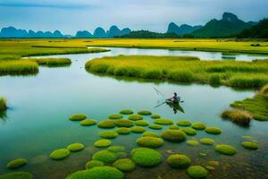 en man är fiske i en flod med grön alger. ai-genererad foto
