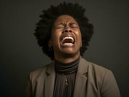 svart kvinna visas till vara i smärta på grå bakgrund ai generativ foto